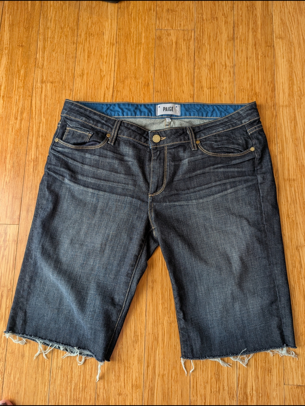 PAIGE Dark Indigo Bermuda Cutoff Shorts In EUC